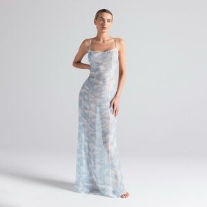 SKIMS Romance Long Slip Dress, Sheer 100% Silk, Light Blue *NWT*